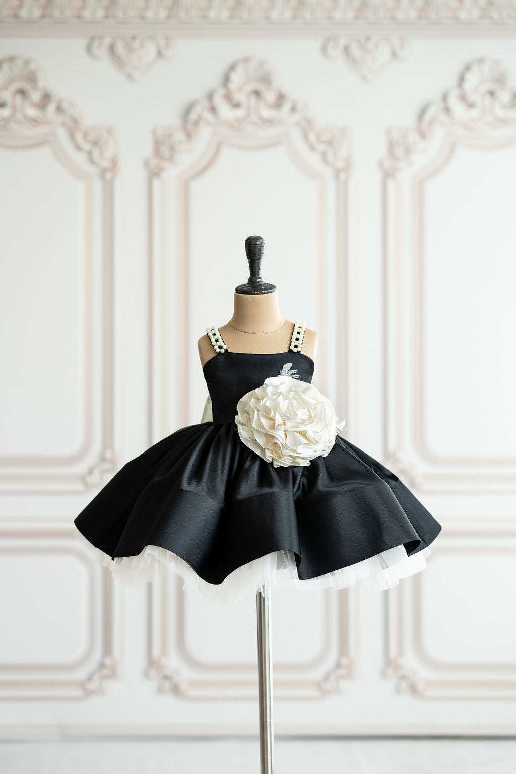 Black satin dress with pearl strap