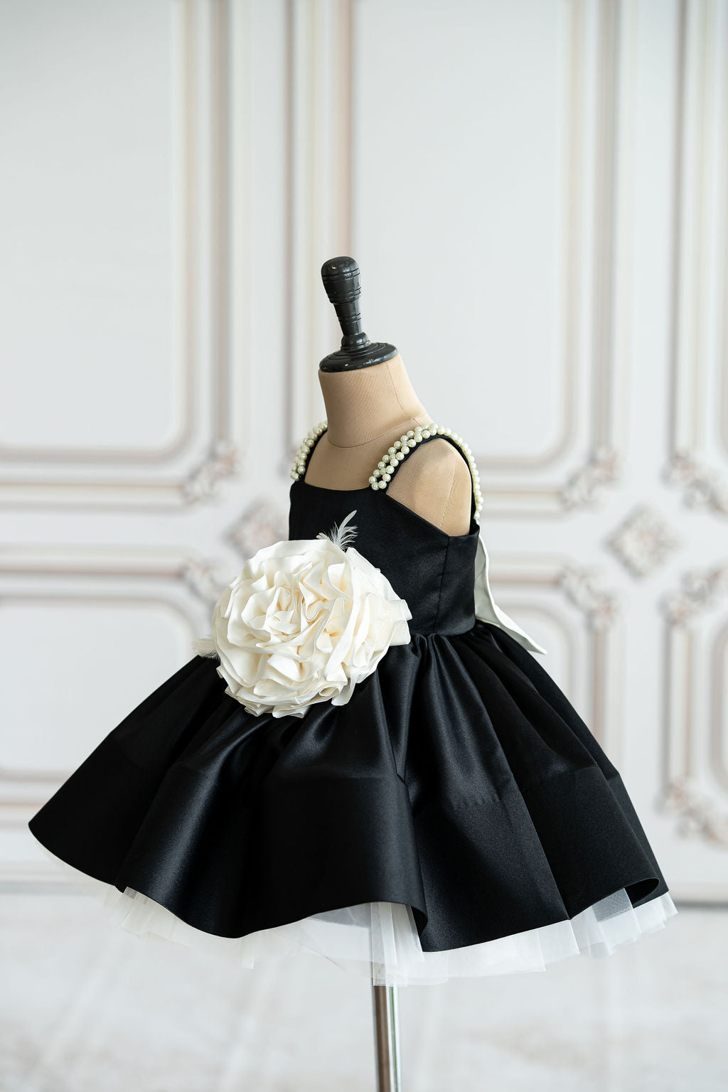 Black satin dress with pearl strap