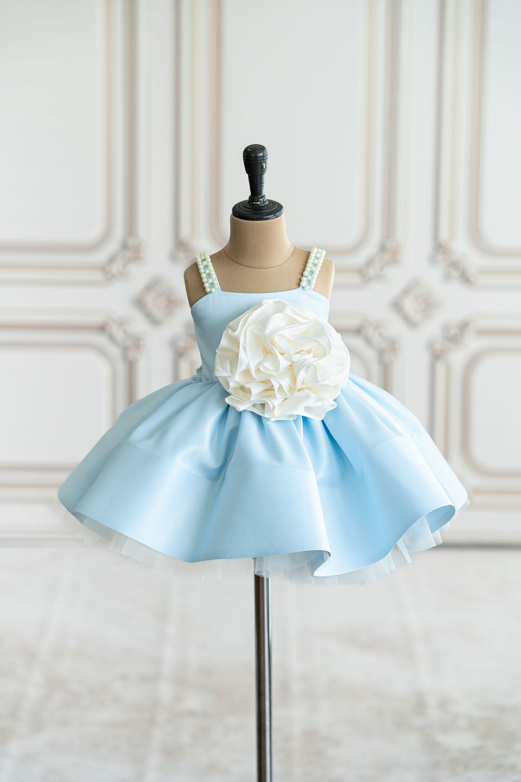 Blue satin dress with pearl strap