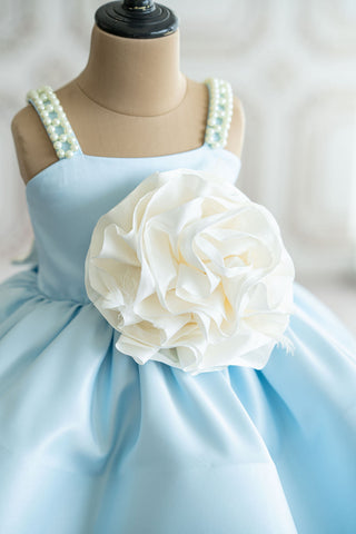 Blue satin dress with pearl strap