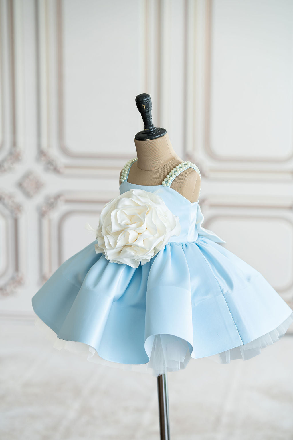 Blue satin dress with pearl strap