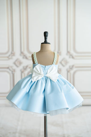 Blue satin dress with pearl strap